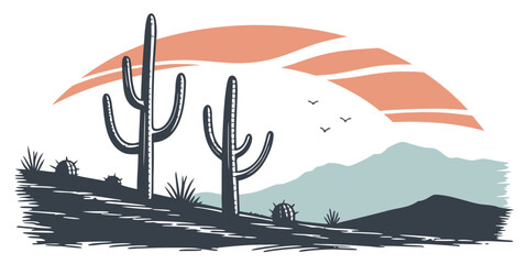 A serene desert landscape with a lone cactus and distant mountains Vector © BOY