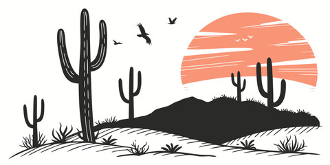 Cactus and birds silhouetted against a vibrant sunset in a desert landscape Vector © BOY