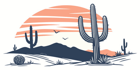 A serene desert landscape with cacti and a vibrant sunset horizon Vector © BOY