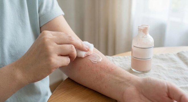 Person applying calamine lotion to prickly heat rash