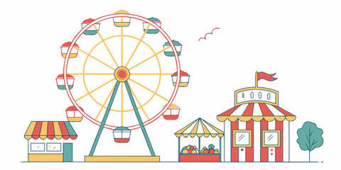 A vibrant amusement park with a ferris wheel, carousel, and various attractions. Vector © BOY