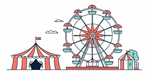 A vibrant carnival scene with a colorful tent and a spinning ferris wheel under a clear sky. Vector © BOY