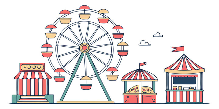 A vibrant amusement park with a central ferris wheel and various colorful buildings Vector