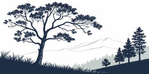 A majestic tree stands tall against a dark and stormy sky with power lines in the distance. Vector © BOY