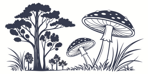 A serene forest scene with various types of mushrooms and trees Vector © BOY