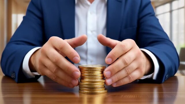 A Focused Approach on Wealth Management: Male Business Professional Gathers Coins on Table, Emphasizing Financial Strategy and Investment Planning