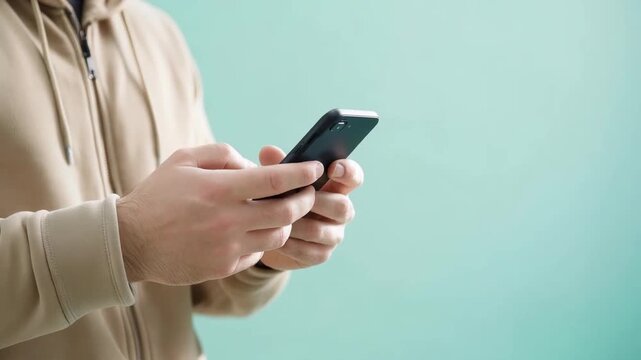 A close-up of a person holding a smartphone in their hands against a soft green backdrop, emphasizing the interaction with technology and mobile communication.