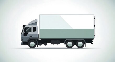 A side view depicts a gray delivery vehicle with a large white and green rectangular cargo area, on a gradient white background