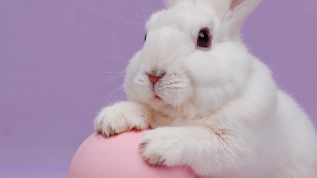 Adorable White Rabbit with Pink Egg: A Cute and Playful Snapshot of a Fluffy Friend Against a Soft Purple Background