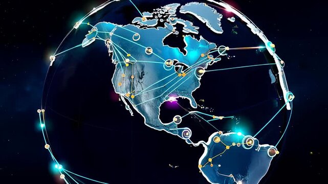 A Stunning Visualization of Global Networks: A 3D Interactive Globe Showing Connection Points Across Continents with Illuminated Lines of Communication