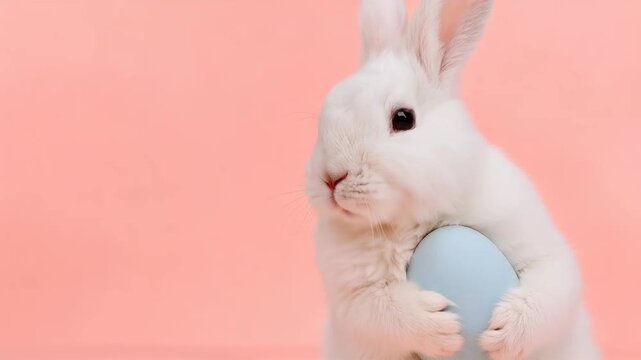 Whimsical White Bunny Holding a Light Blue Egg Against a Soft Pink Background, Perfect for Easter Themes and Seasonal Celebrations for Children and Families.