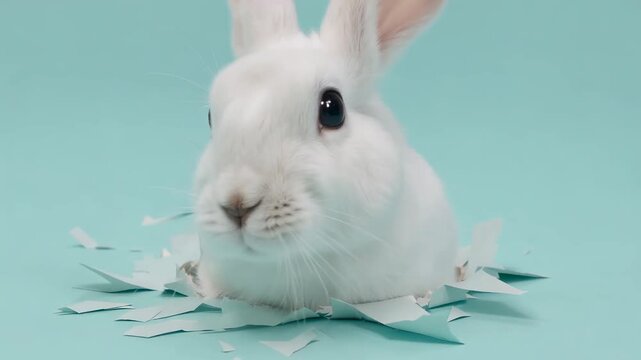 A charming white rabbit emerges from a torn paper backdrop, showcasing its adorable features and curious expression amidst scattered paper pieces on a bright turquoise background.