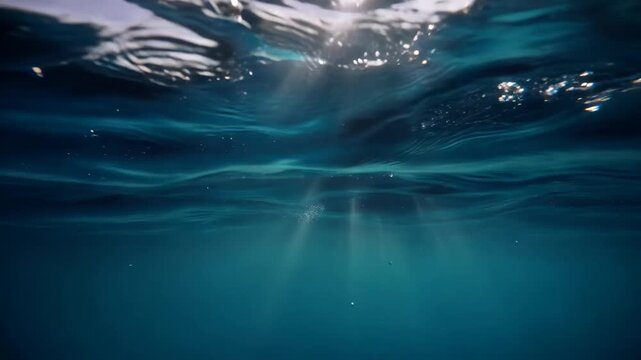 A Stunning Underwater View Capturing the Serene Beauty of Sunlight Rays Dancing Through Crystal-Clear Water Over a Calm Ocean Surface
