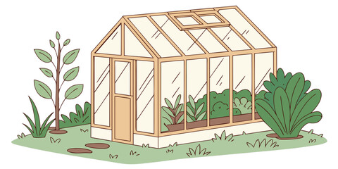 A charming greenhouse filled with various plants and greenery in a garden setting Vector © BOY