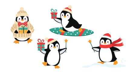Obraz premium Set of four adorable cartoon penguins wearing winter hats, sweaters, and scarves while playing in the snow together.