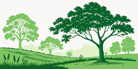 A serene landscape with lush green trees and a vibrant meadow. Vector © BOY