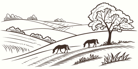 A serene landscape with grazing animals and a clear blue sky Vector © BOY