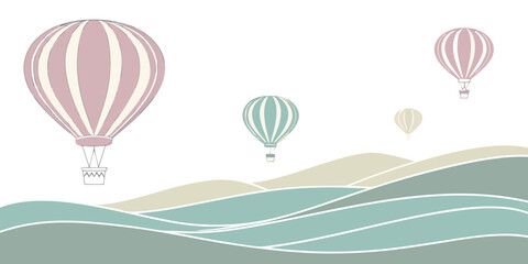 Three colorful hot air balloons floating over a serene landscape with mountains and water Vector © BOY