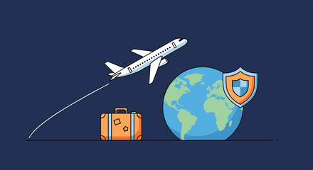 Travel insurance and global trip concept featuring an airplane taking off over a globe with a protective shield and an orange suitcase.