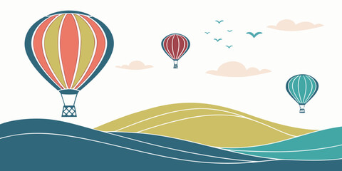 Fototapeta premium Colorful hot air balloons floating over a serene landscape with birds in the sky Vector