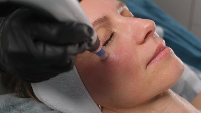Professional cosmetologist performing a microneedling facial rejuvenation procedure on a woman