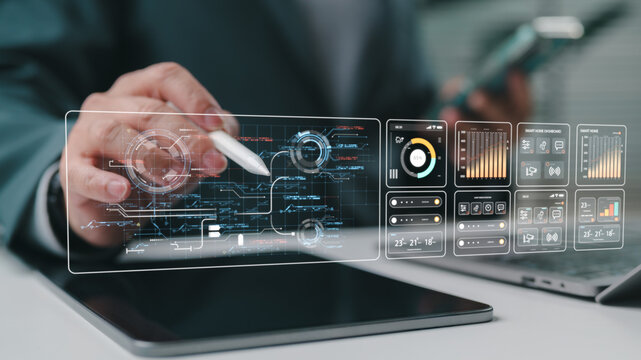 A business owner reviewing energy data on a tablet. Business professional manages smart home systems data dashboard holographic interface tablet screen stylus pen modern office environment.