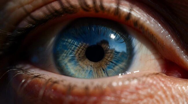 Detailed macro photograph of a human eye with striking blue and hazel iris