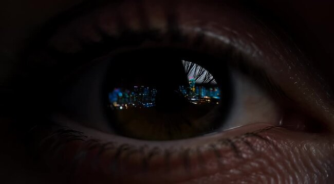 close-up eye with car reflection at night