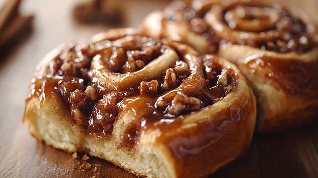 A close up of a cinnamon roll being pulled apart with gooey caramel glaze and chopped nuts oozing out as the soft pastry stretches revealing its warm fluffy interior on a rustic wooden surface.