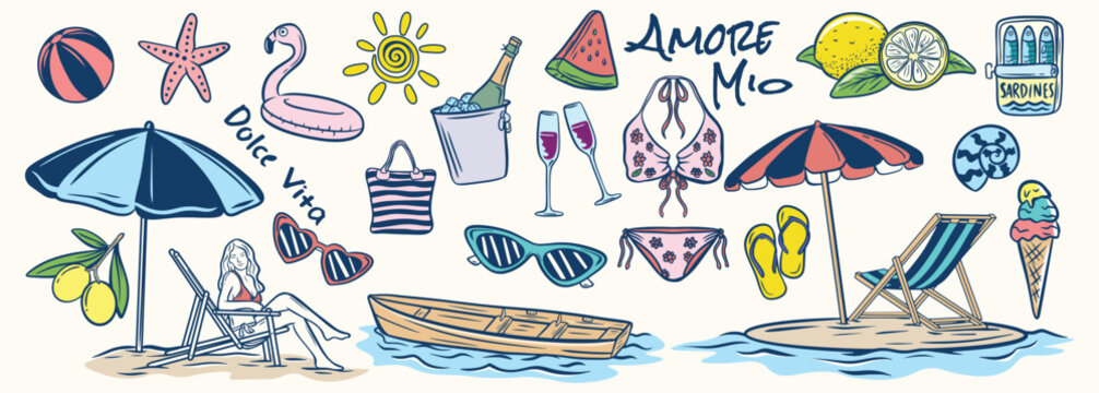 Hand drawn Mediterranean summer beach doodle set with umbrella sunglasses lemon boat flamingo float sardines bikini watermelon and amore mio lettering vector illustration