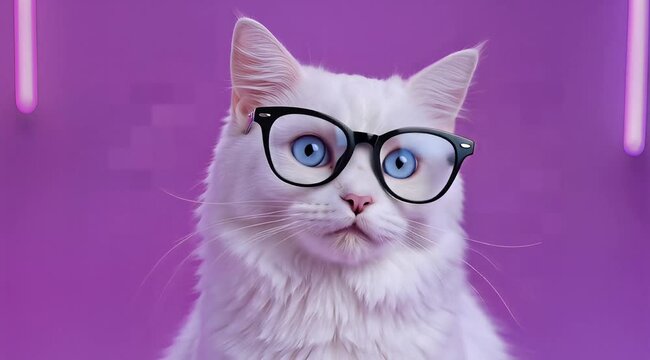 White Cat Wearing Glasses in a Vibrant Studio Portrait.