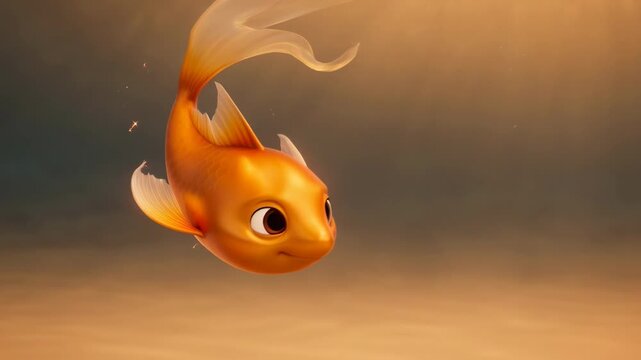 Animated goldfish character swimming gracefully in warm light environment perfect for children and educational projects