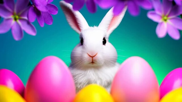 A Cute White Rabbit Surrounded by Colorful Easter Eggs and Vibrant Flowers Creating a Charming Spring Atmosphere Perfect for Celebrations and Festivities
