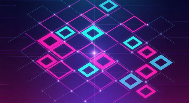 Vibrant neon grid pattern with pink and blue squares on a dark purple background abstract digital design