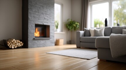 Fototapeta premium Fireplace creates warmth in a cozy living room with sofa in blurred background. Space offers room for text and design ideas