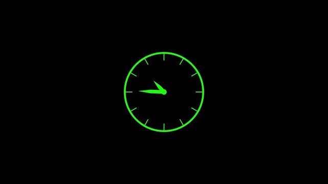 Animated clock in 12 hour loop. Clock with moving arrows on white background.