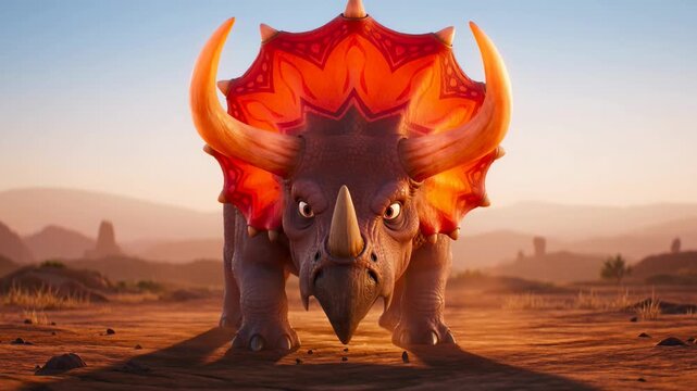 Animated triceratops dinosaur in desert landscape front view at sunset prehistoric era animal facing forward