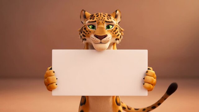 Animated leopard holding blank white sign with sad eyes and cartoon style with copy space ready for text and graphics isolated
