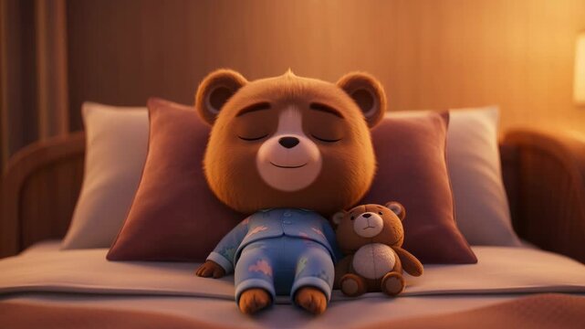 Animated teddy bear sleeping comfortably in bed with toy companion,cozy nighttime scene for childrens content