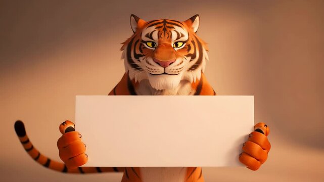 Animated tiger holding blank sign cartoon animal message announcement graphic design element cgi mascot opportunity advertisement space animal character