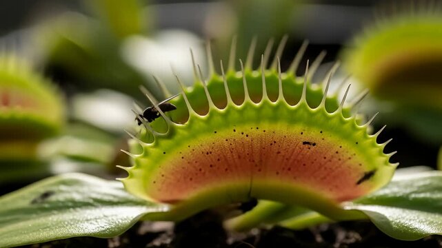Carnivorous Venus flytrap with insects crawling inside, deadly spikes on plant edges