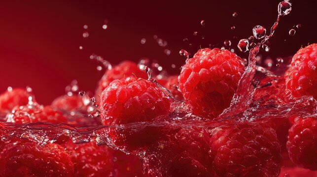 Vibrant raspberries splashing in water against a rich red backdrop