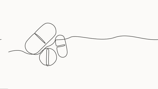Continuous one line capsule tablets line art animation, self drawing One continuous line drawing of pills medicine . Single line of pills medicine full-length animation.