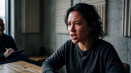 Obraz premium Language fluency test: A woman speaks intensely during a language fluency test with an interviewer.