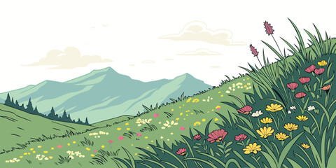 A serene landscape with rolling hills and lush greenery under a clear sky Vector © Ghgs