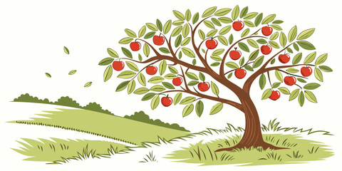 A vibrant tree with colorful leaves stands tall in a lush green field. Vector © Ghgs