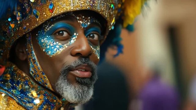 a man in a fancy dress is talking and giving an interview at a giant's party