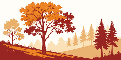 Vibrant autumn landscape with trees and a red sky at sunset Vector © Ghgs