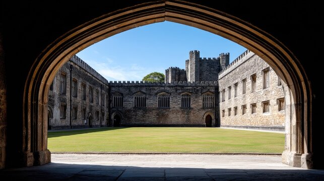 View shows the Radcliffe Camera building framed by an archway with a clear sky and grassy field in front of it on a sunny day