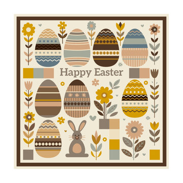 Illustration of an Easter with a decorative holiday elements: easter eggs, rabbit and flowers. Minimalist Boho Easter Greeting Card with Folk Art Inspired Eggs and Rabbit.